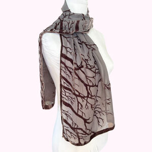 Long Grey Chiffon Sheer Brown Velvet Tree Rectangular Scarf